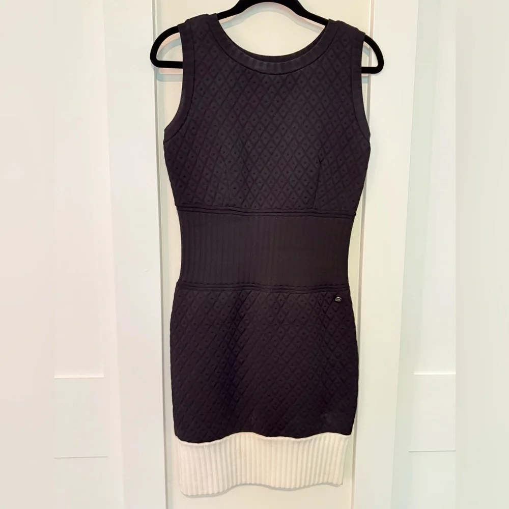 CHANEL Stretch Quilted Mini Black Dress White Bottom Sz 42 LBD‎